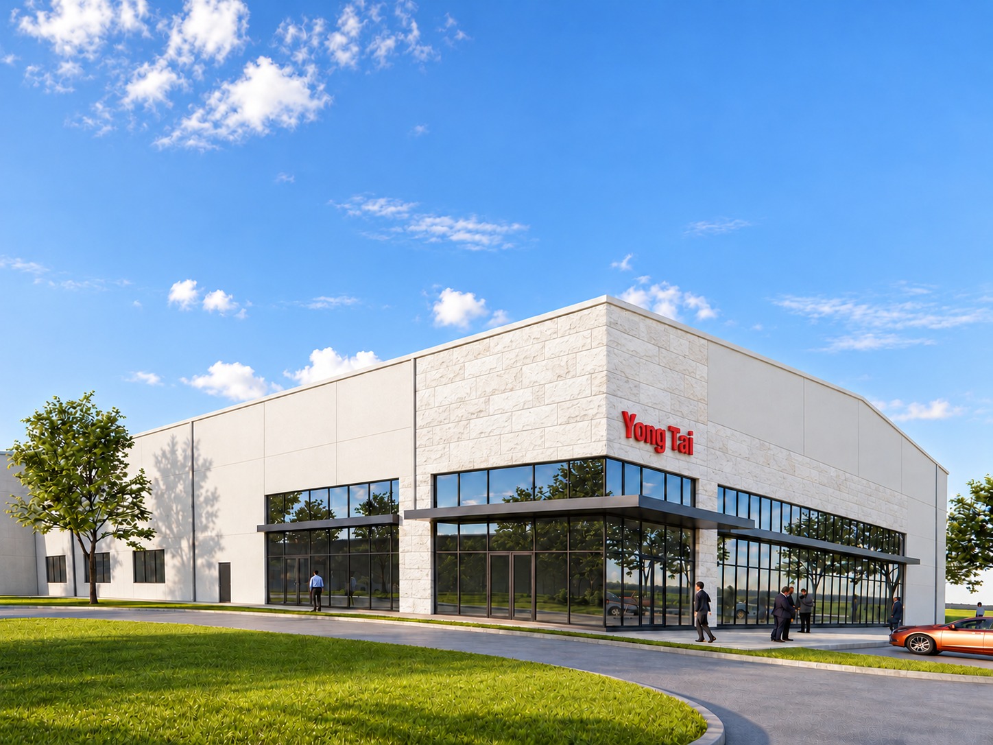 Yong Tai industrial building exterior design rendering with white walls, white natural stone facade and glass storefront / Yong Tai 厂房白色墙体、大理石外立面及玻璃幕墙设计效果图